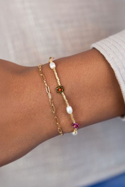 Sunrocks elastieken armband met multikleur bloemen & zoetwaterparels