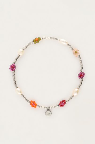 Sunrocks elastieken armband met multikleur bloemen & zoetwaterparels