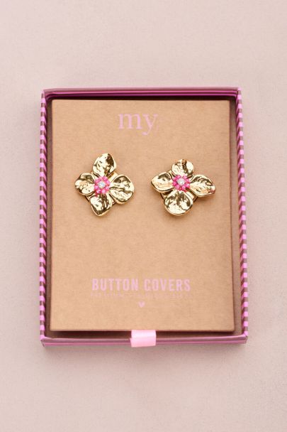 Knopf-Set mit goldfarbenen Blumen mit rosa Perlen