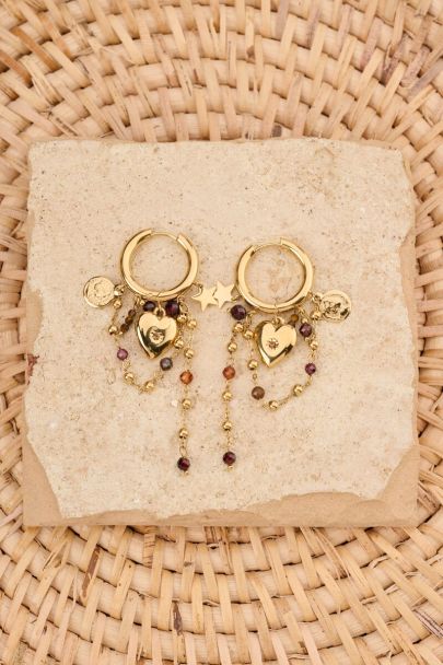 Boucles d'oreilles Sunrocks c&oelig;ur et perles fantaisie marron