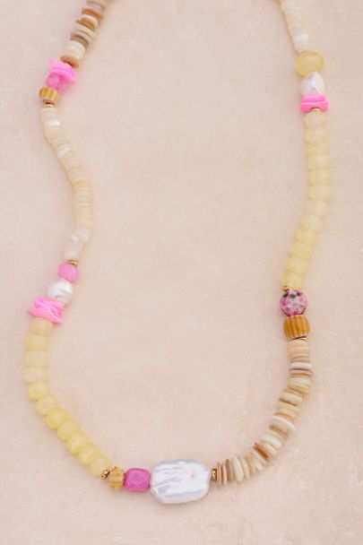 Collier Art jaune clair de perles fantaisie et perle d&rsquo;eau douce