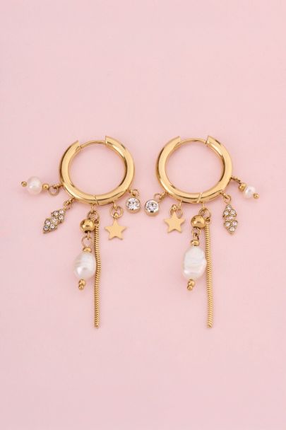 Magical hoop earrings with rhinestones and hanging freshwater pearls