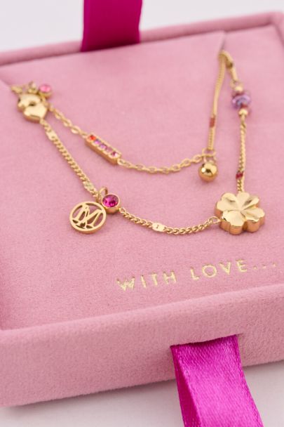 Dubbele ketting met roze bedels "dreams come true"