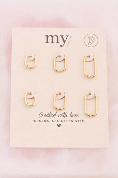 Ear game set van drie vierkante oorringen met strass