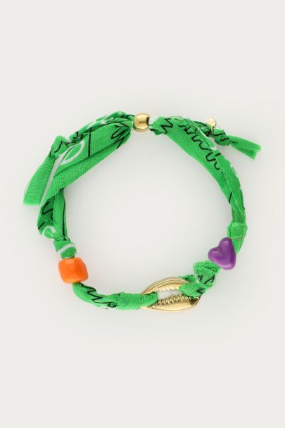 Bracelet coquillage en corde verte et imprim&eacute; bandana 