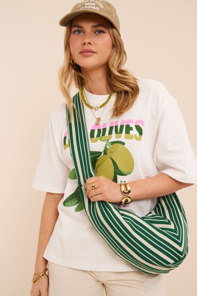 Sac &agrave; bandouli&egrave;re vert et beige &agrave; rayures