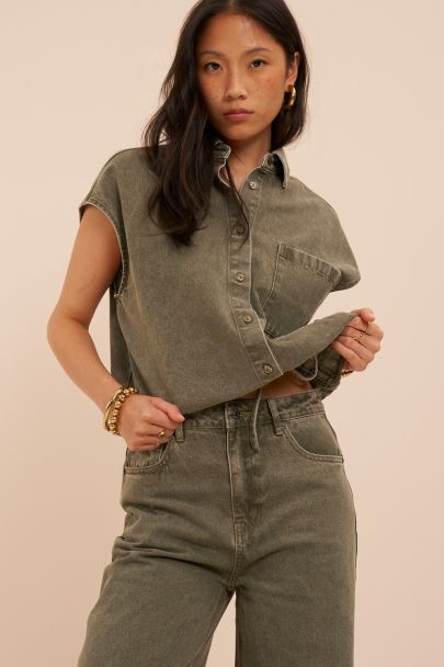 Green denim wide leg jeans