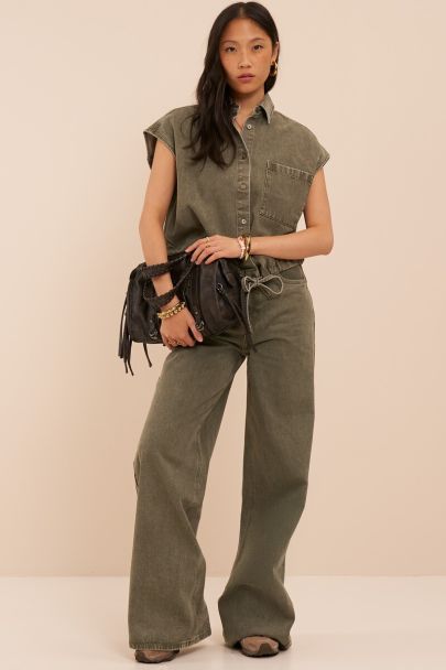 Green denim wide leg jeans