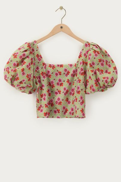 Green floral top with embroidery