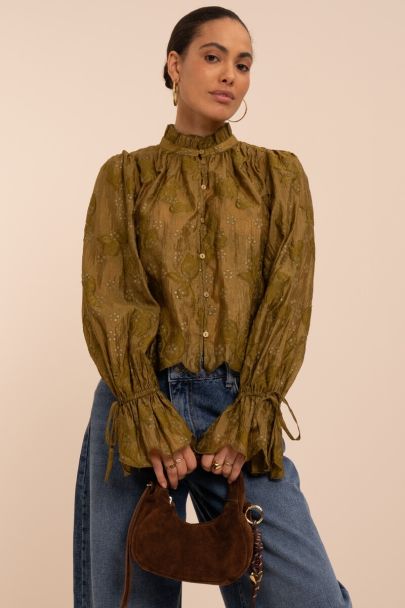 Groene jacquard blouse met embroidery en trompet mouwen