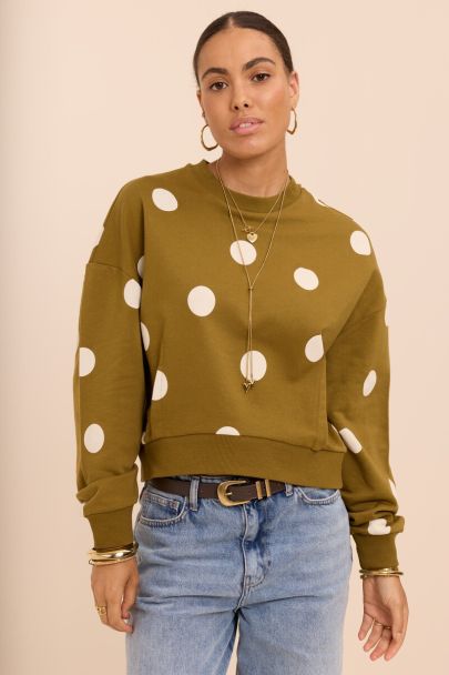 Groene sweater met beige polkadots