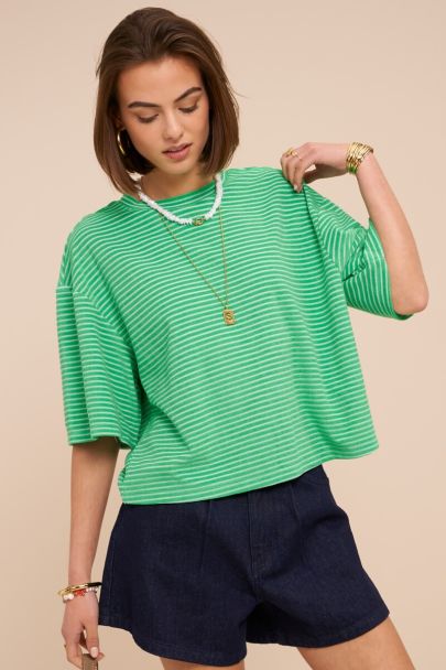 Green terry T-shirt with stripes