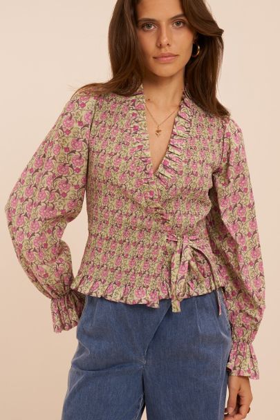 Groene wikkel top met bloemenprint en smock