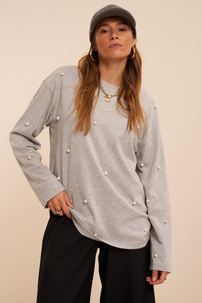 T-shirt &agrave; manches longues gris avec perles fantaisie