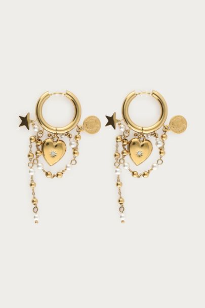 Oorringen met hart & imitatieparel koordjes