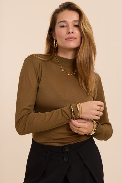 Khaki-grünes Mesh-Oberteil mit Rollkragen