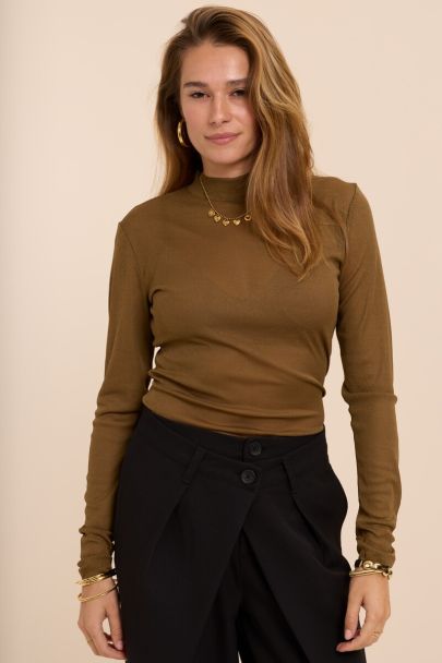 Khaki-grünes Mesh-Oberteil mit Rollkragen