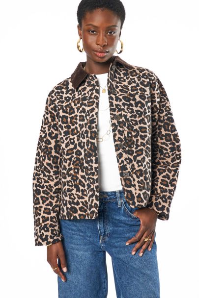 Panterprint jas met corduroy kraag