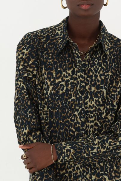 Panterprint linnen look blouse met strikjes 