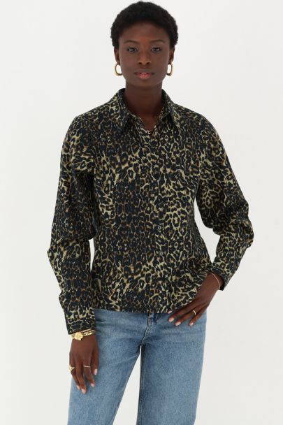 Panterprint linnen look blouse met strikjes 