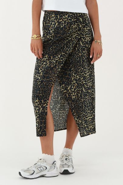 Leopard print linen look midi skirt with slit