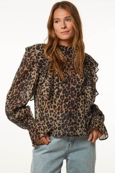 Panterprint ruffle top met lange mouwen
