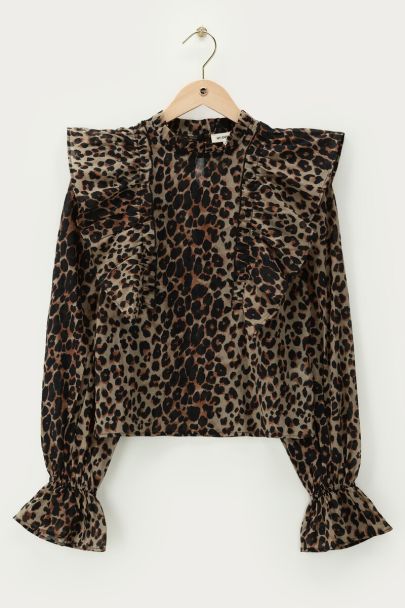 Panterprint ruffle top met lange mouwen