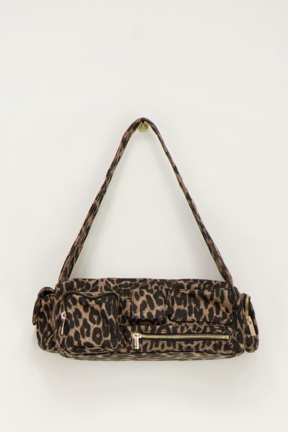 Panterprint schoudertas met vakjes en ritsen