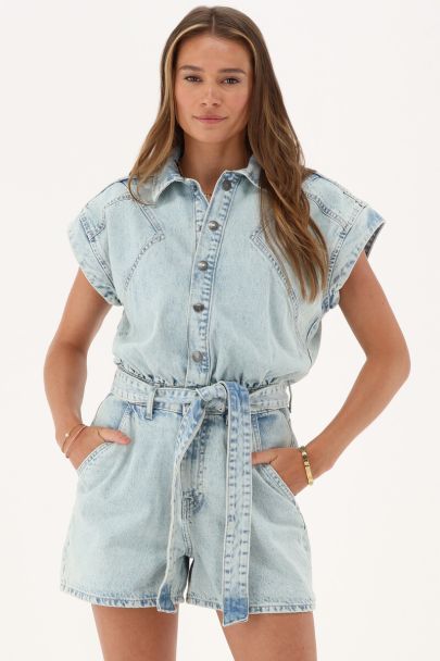Light blue denim playsuit with belt