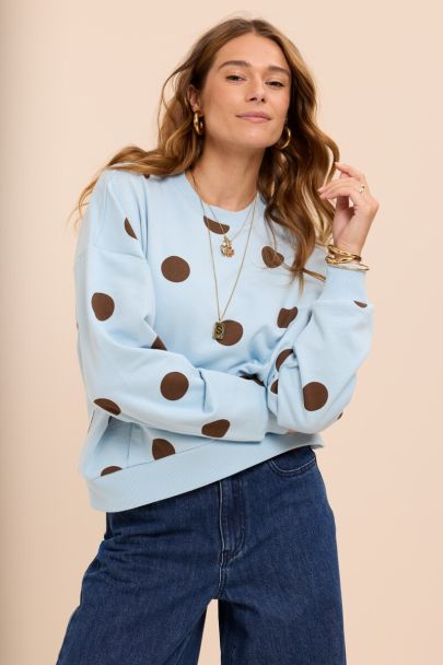 Hellblaues Sweatshirt mit braunen Polka-Dots