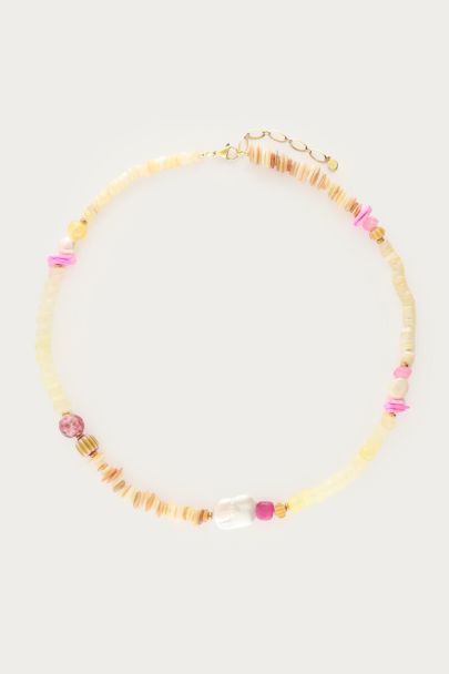 Collier Art jaune clair de perles fantaisie et perle d’eau douce