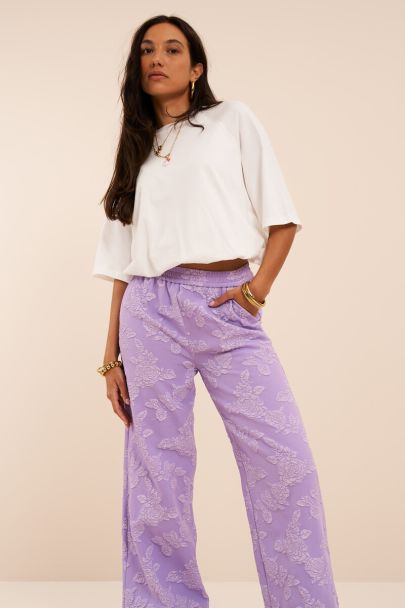 Pantalon large en jacquard lilas avec taille &eacute;lastique