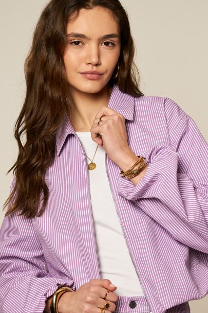 Lilac striped denim bomber with collar