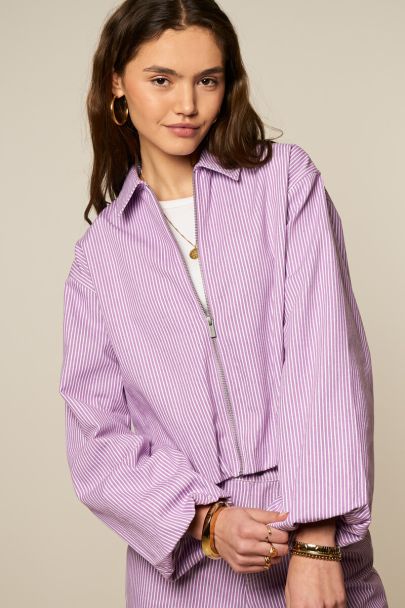Lilac striped denim bomber with collar