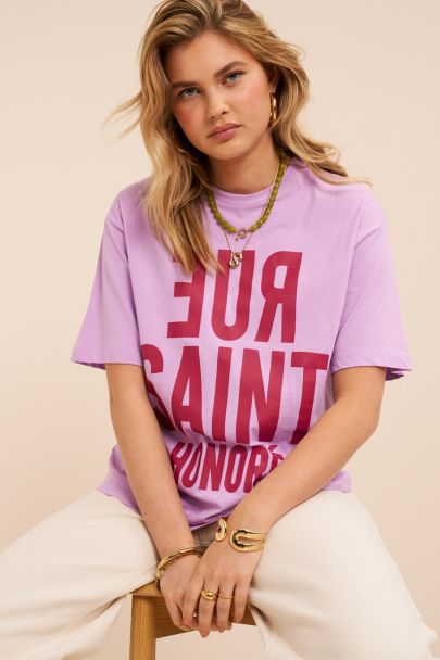 Lila T-shirt met rood "Rue saint honore"