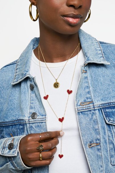 Lange ketting y-vorm met rode hartjes