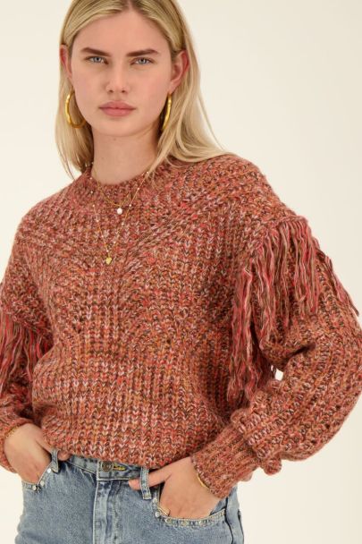 Pull en maille chinée multicolore avec des franges