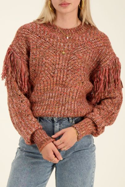 Pull en maille chinée multicolore avec des franges