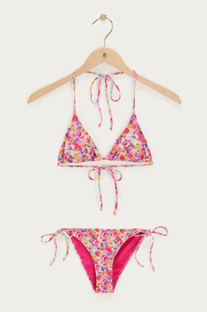 Roze triangle bikini set met bloemen