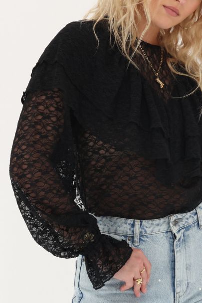 Zwarte kanten top met ruffles