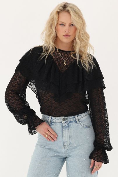 Zwarte kanten top met ruffles