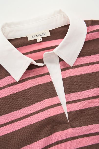Bruin-roze gestreepte polo met lange mouwen
