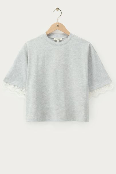 draw drawers Lace Boat Neck T-shirts グレー Grey boxy T-shirt with lace sleeves | My Jewellery
