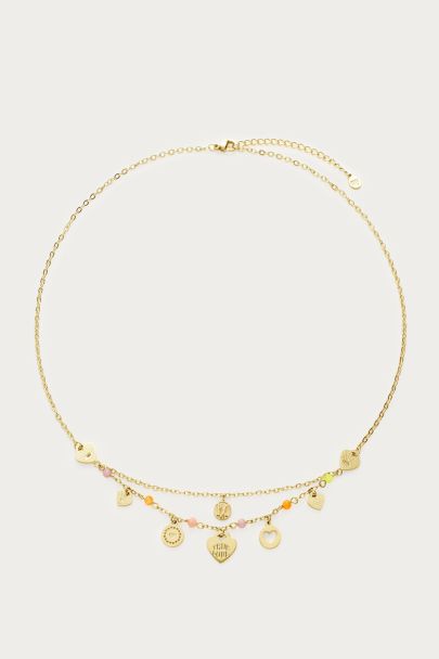 Ketting bedels met hartjes & pastel kralen