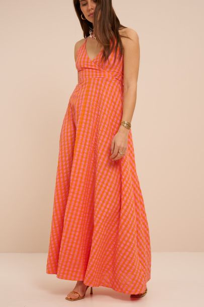 Robe longue orange à carreaux