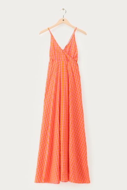 Oranje geruite maxi jurk