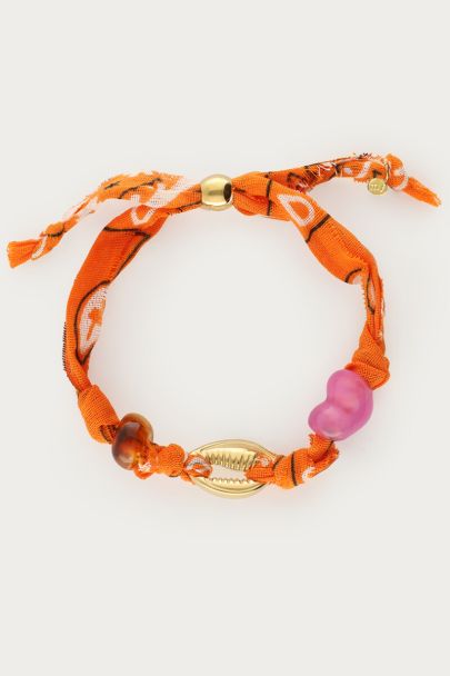 Bracelet coquillage en corde orange et imprim&eacute; bandana 