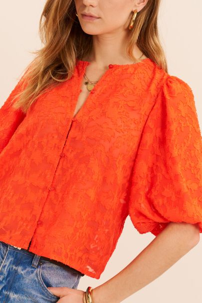 Oranje jacquard top met korte pofmouwen