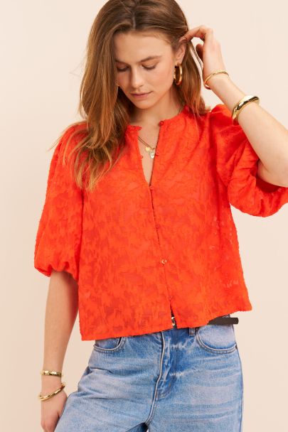 Oranje jacquard top met korte pofmouwen