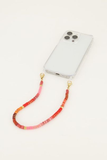 Telefoonkoord met rode en goudkleurige kralen